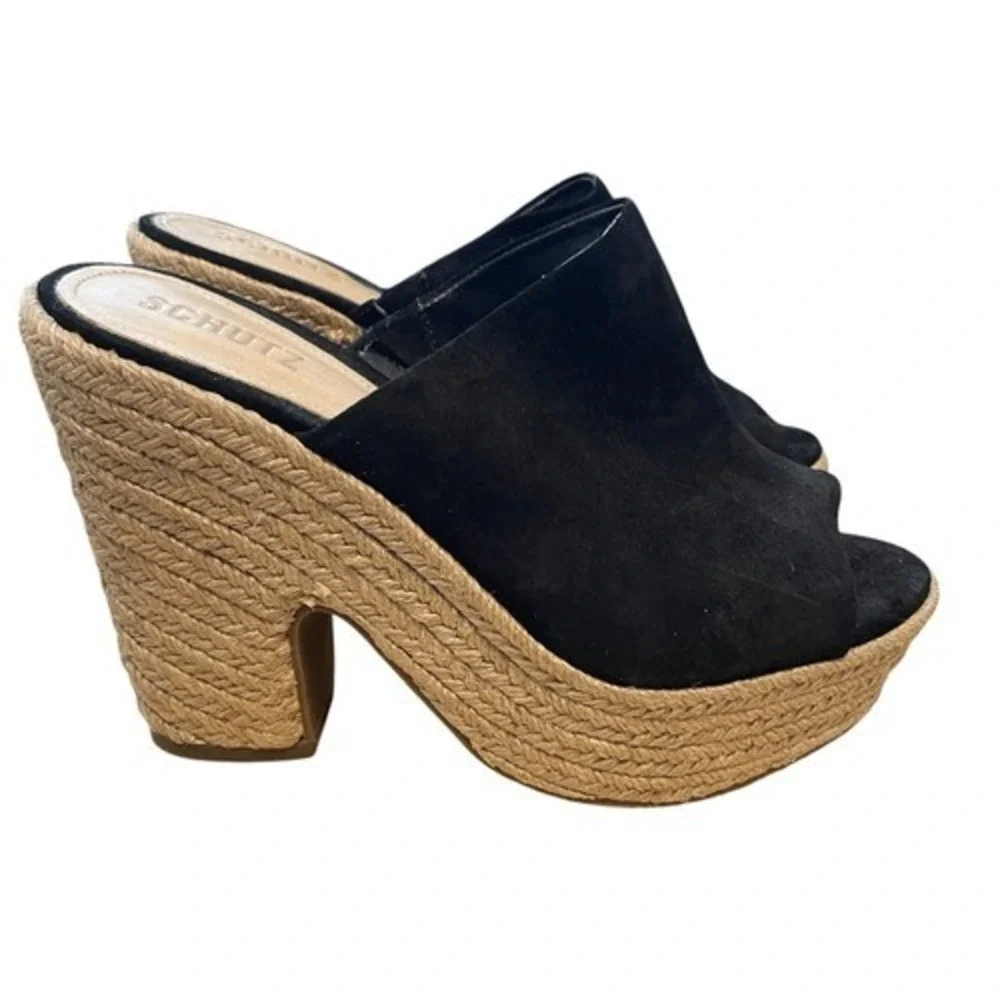 Schutz Black Suede Espadrille Platform Mule Sandals Chunky Block Heel Open Toe